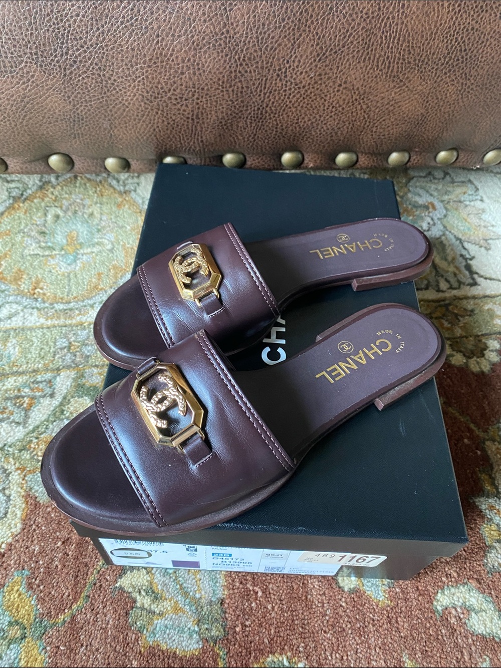 CHANEL Dark Burgundy Leather Slide Mules with Gold CC Hardware 37.5
